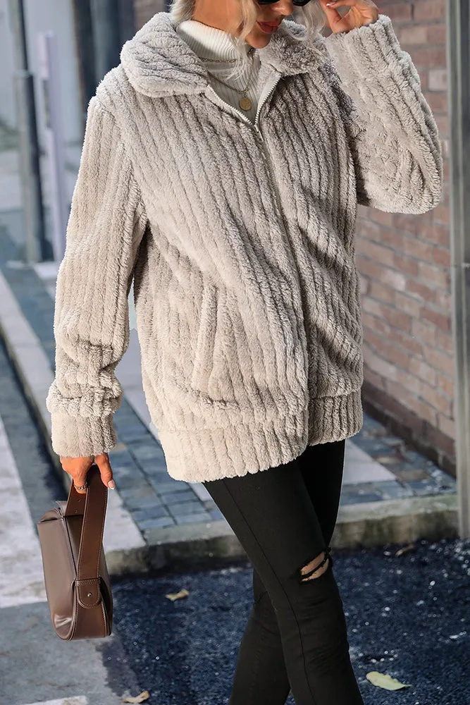 Plain Open Zipper Rib Fleece Winter Outfits Coat