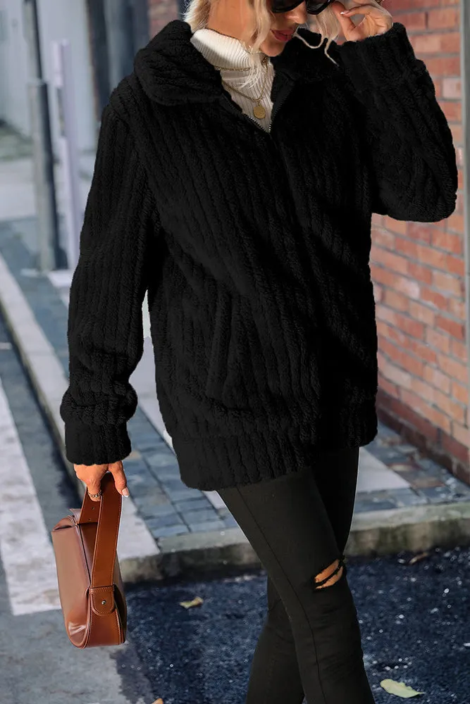 Plain Open Zipper Rib Fleece Winter Outfits Coat