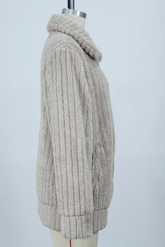 Plain Open Zipper Rib Fleece Winter Outfits Coat