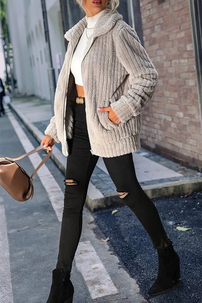 Plain Open Zipper Rib Fleece Winter Outfits Coat