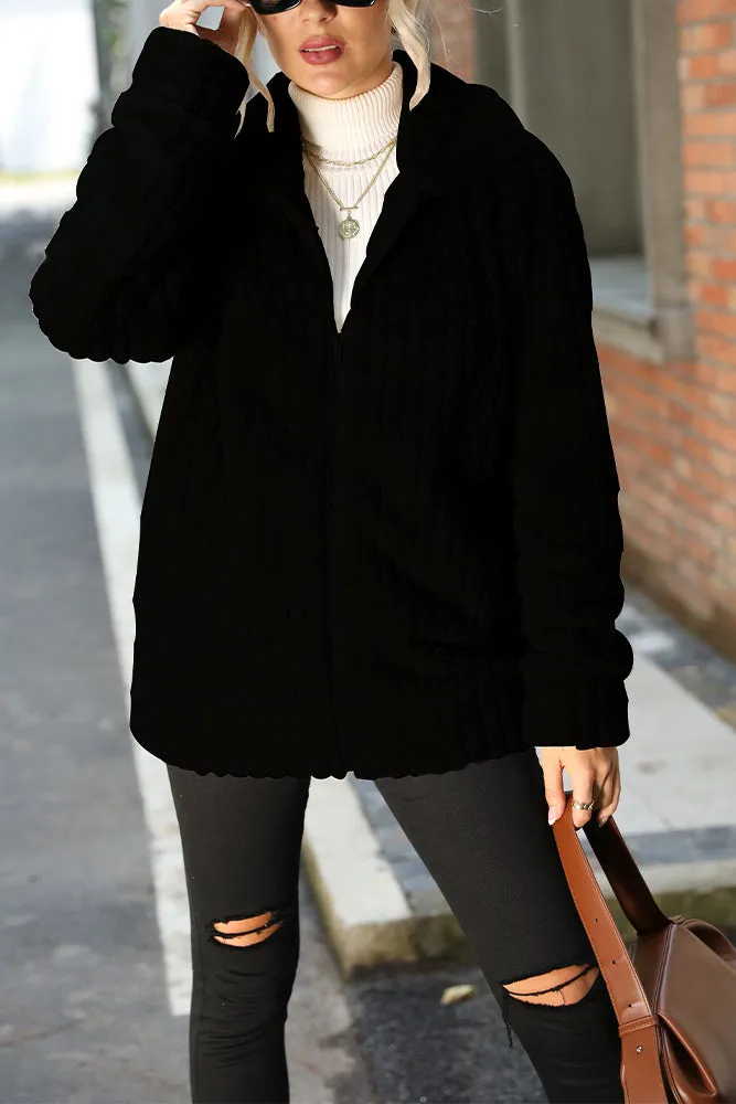 Plain Open Zipper Rib Fleece Winter Outfits Coat