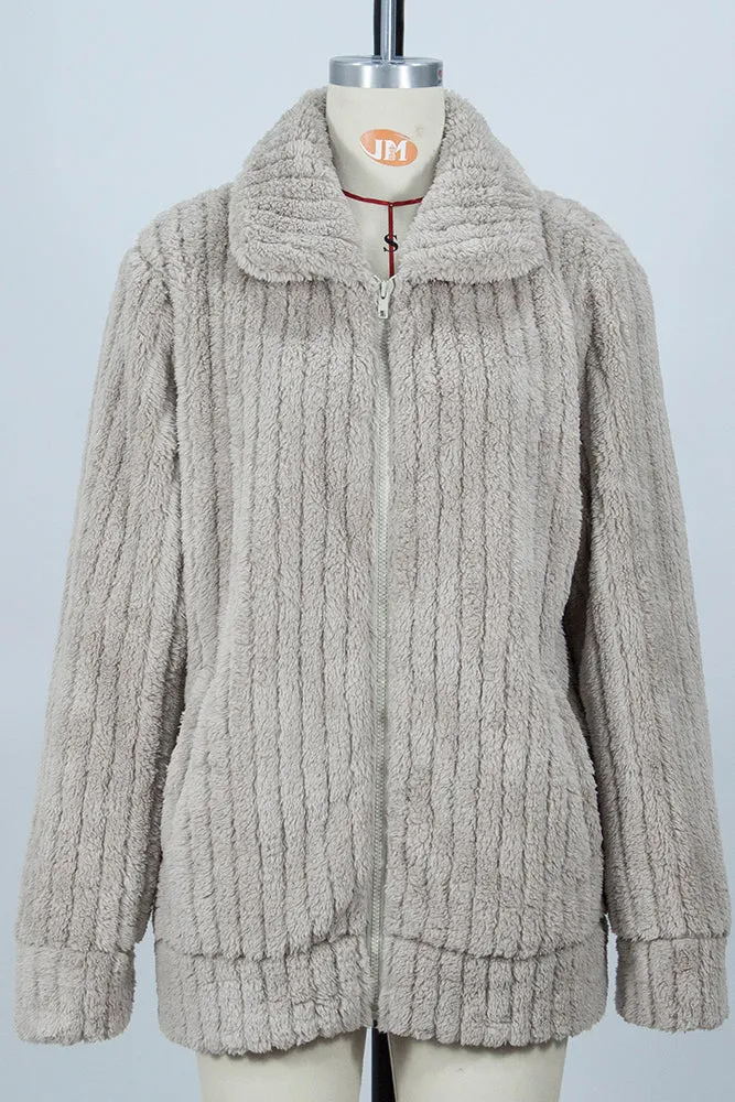 Plain Open Zipper Rib Fleece Winter Outfits Coat