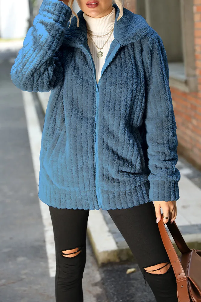 Plain Open Zipper Rib Fleece Winter Outfits Coat