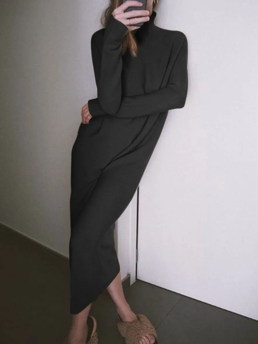 Pure Color High Neck Casual Knitted Sweater Dress