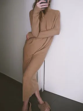 Pure Color High Neck Casual Knitted Sweater Dress