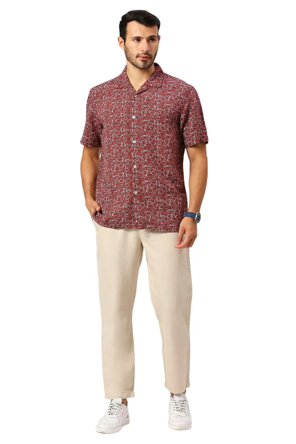 Relaxed Fit Viscose Linen Printed Halfsleeves Shirt
