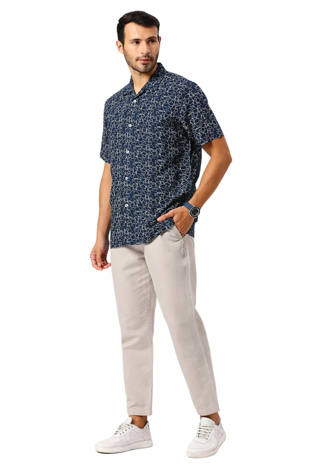 Relaxed Fit Viscose Linen Printed Halfsleeves Shirt