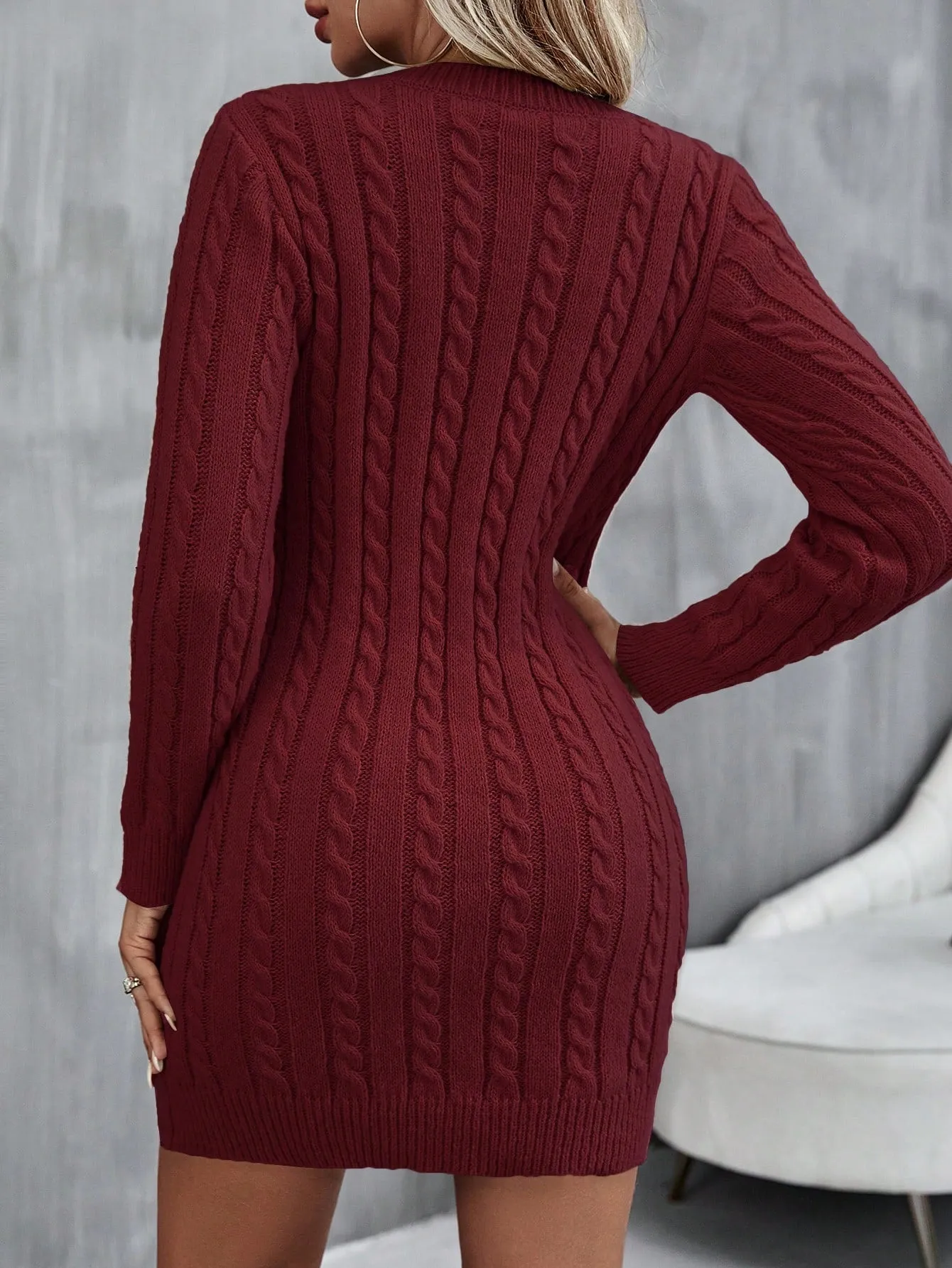 Round Neck Cable Knit Sweater Dress
