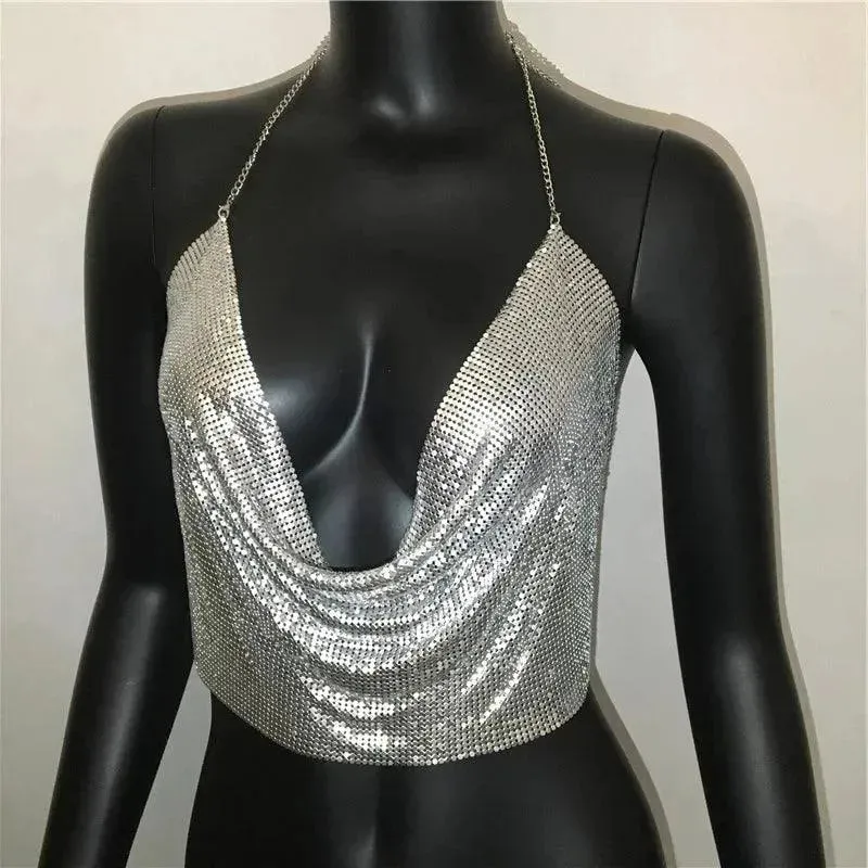 Sequin Crop Tops Sexy Metallic Tank Top Womens Gold Silver Backless for Summer Beach Club Fashion