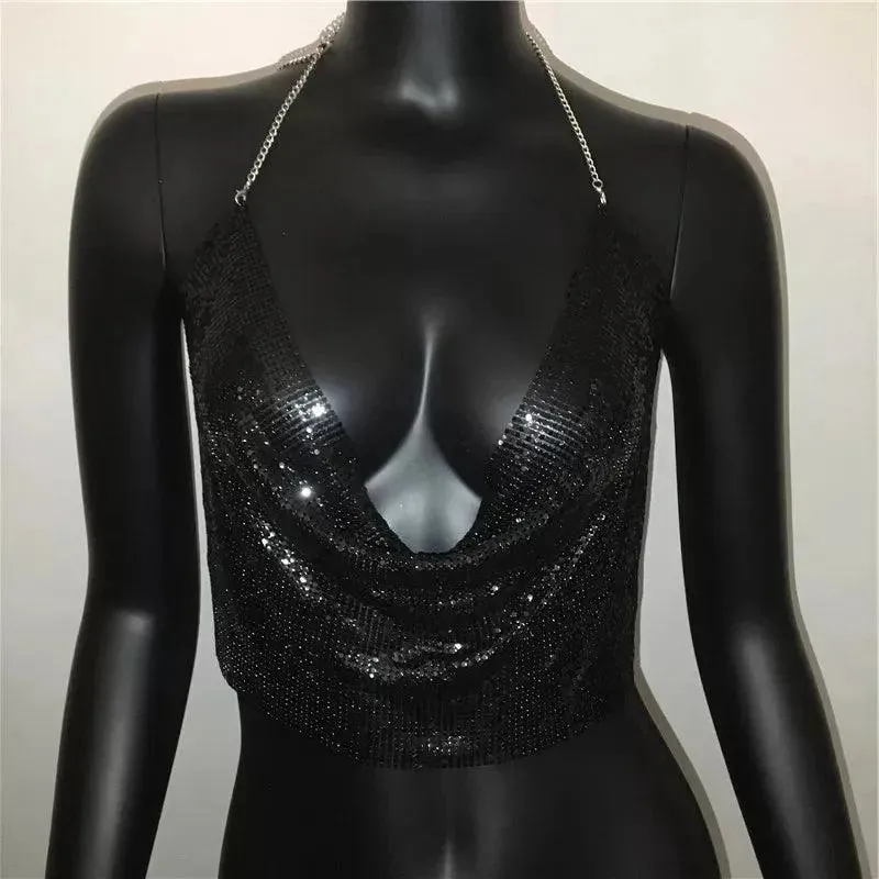 Sequin Crop Tops Sexy Metallic Tank Top Womens Gold Silver Backless for Summer Beach Club Fashion