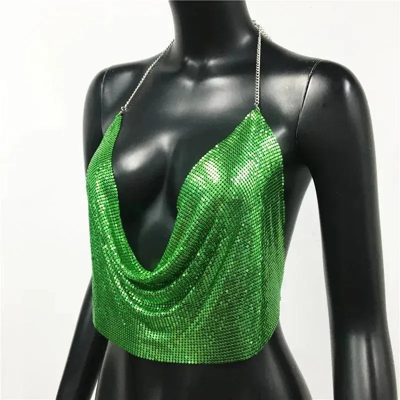 Sequin Crop Tops Sexy Metallic Tank Top Womens Gold Silver Backless for Summer Beach Club Fashion