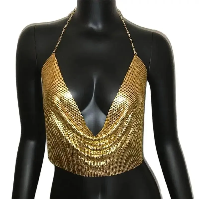 Sequin Crop Tops Sexy Metallic Tank Top Womens Gold Silver Backless for Summer Beach Club Fashion