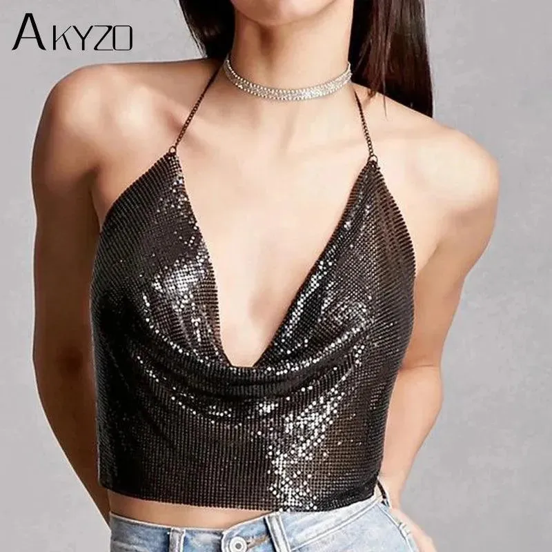 Sequin Crop Tops Sexy Metallic Tank Top Womens Gold Silver Backless for Summer Beach Club Fashion