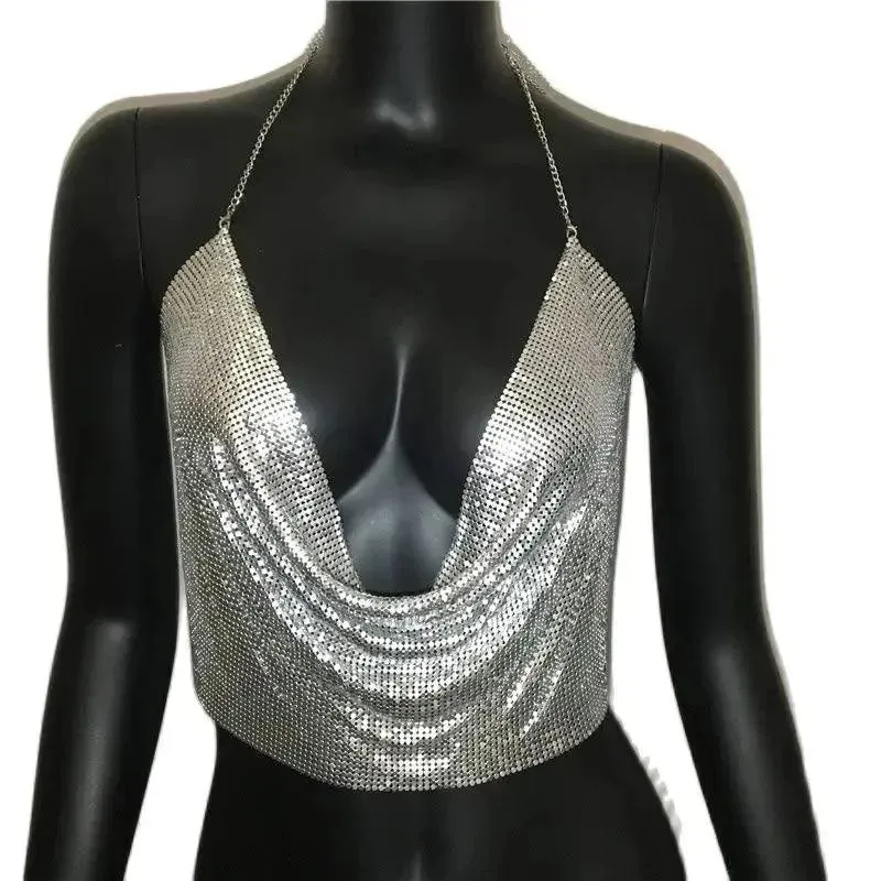 Sequin Crop Tops Sexy Metallic Tank Top Womens Gold Silver Backless for Summer Beach Club Fashion