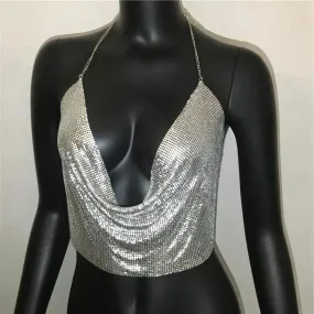 Sequin Crop Tops Sexy Metallic Tank Top Womens Gold Silver Backless for Summer Beach Club Fashion