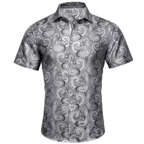 Silver Paisley Silk Short Sleeve Shirt
