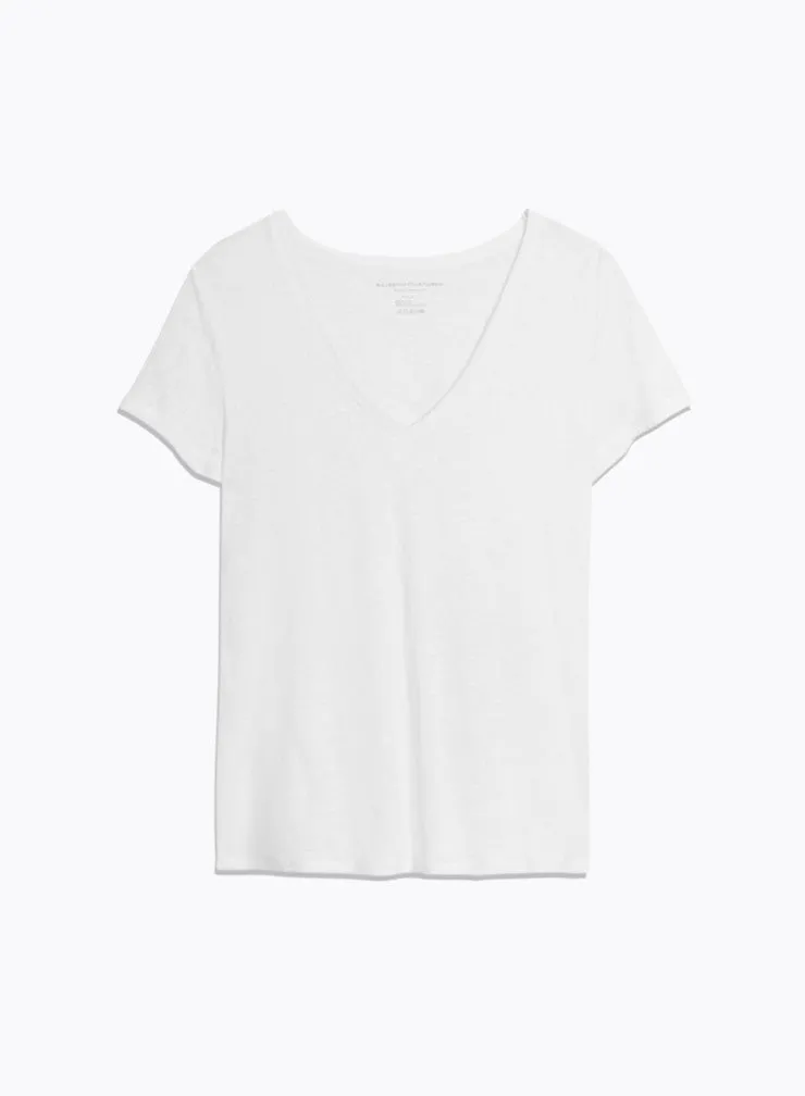 T-shirt Blanc Col V Manches Courtes en Lin et Elasthanne