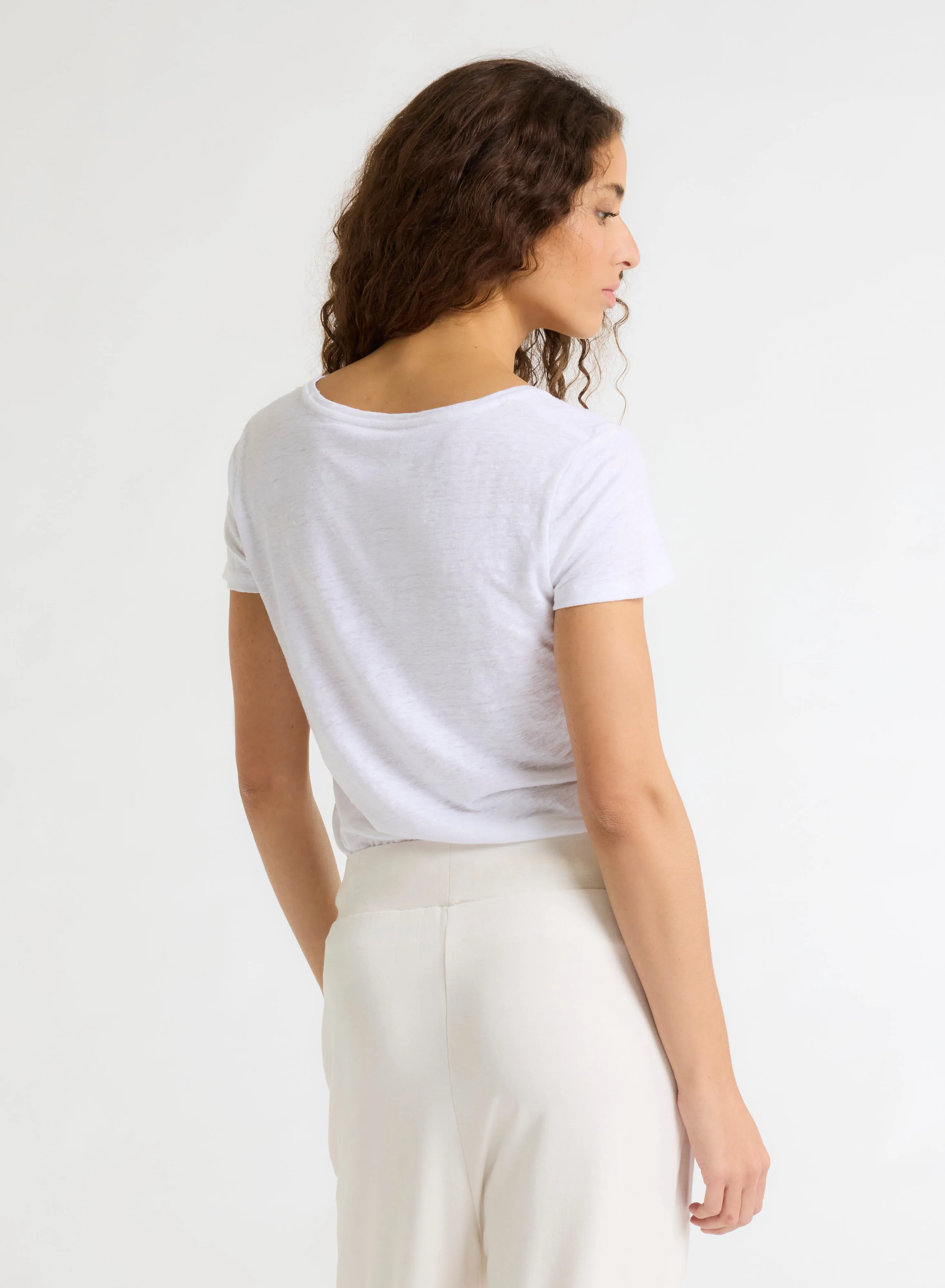 T-shirt Blanc Col V Manches Courtes en Lin et Elasthanne
