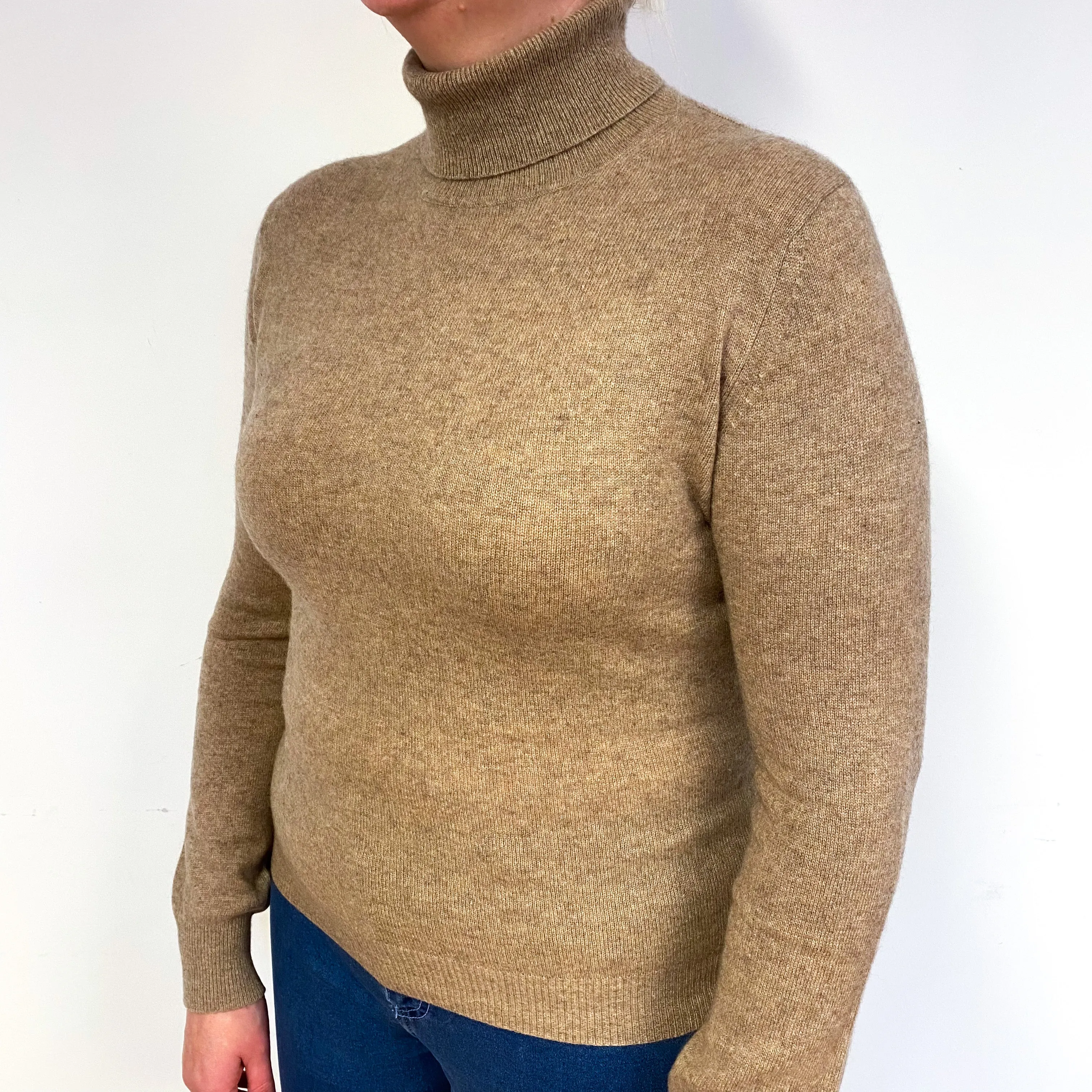 Taupe Brown Cashmere Polo Neck Jumper Large