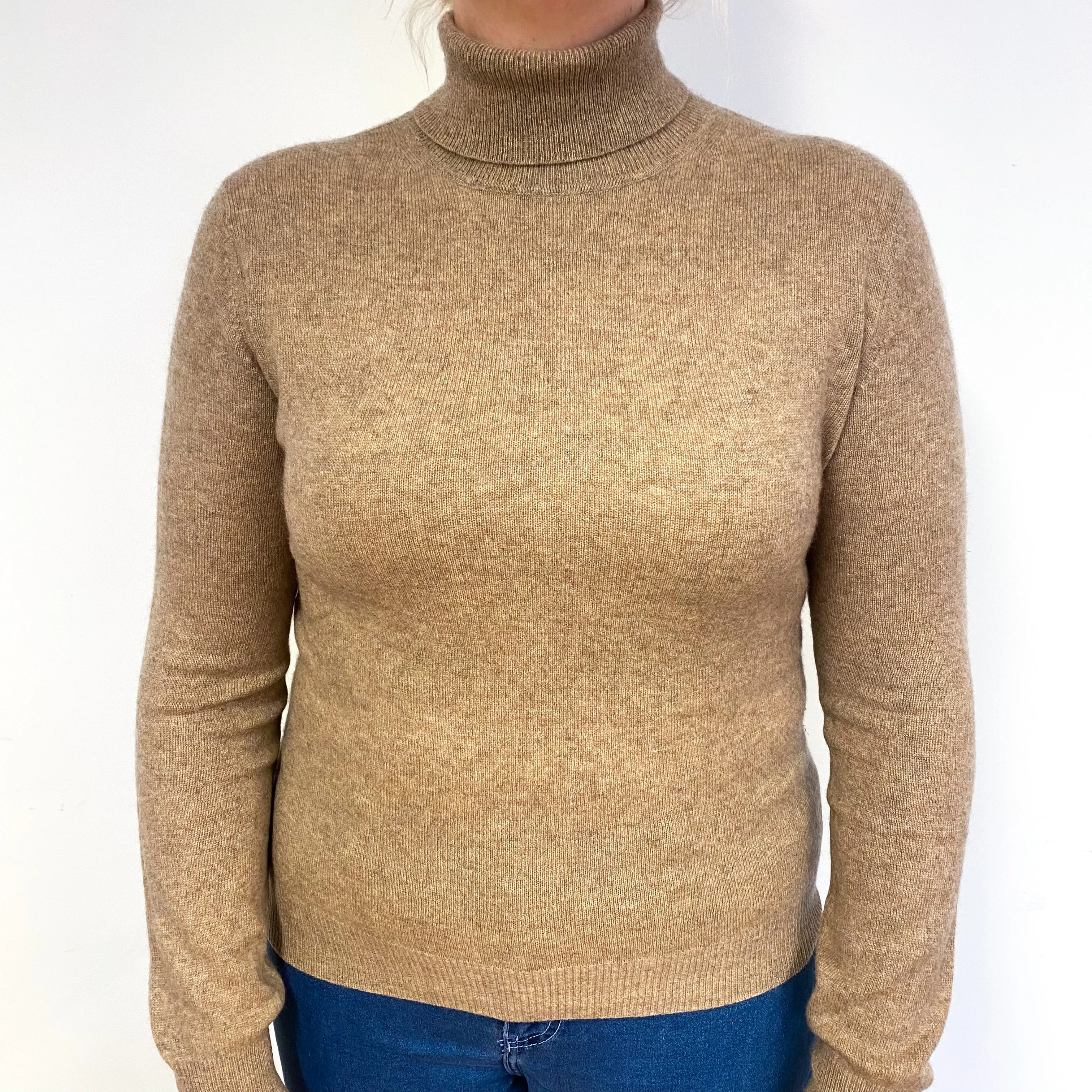 Taupe Brown Cashmere Polo Neck Jumper Large