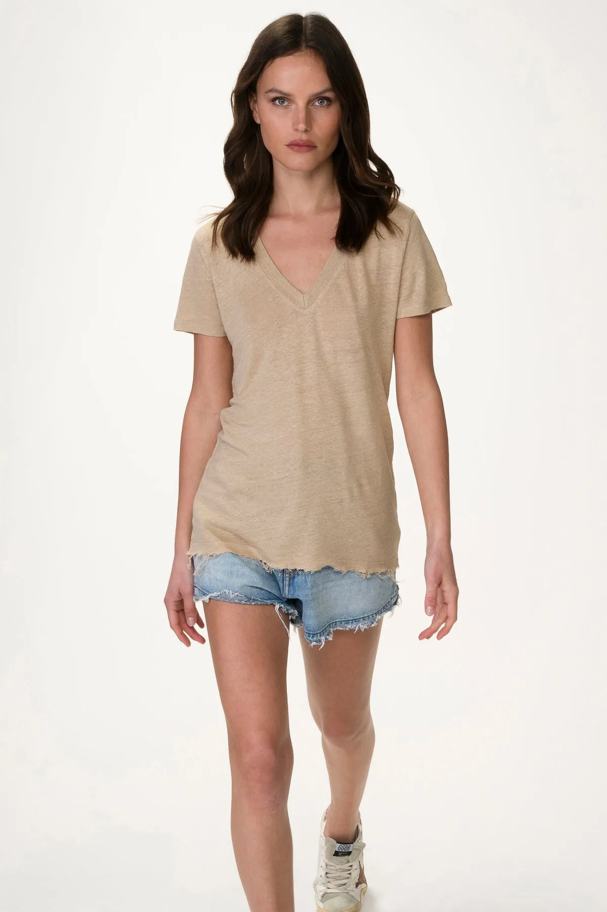 Taupe V Neck Linen Tee