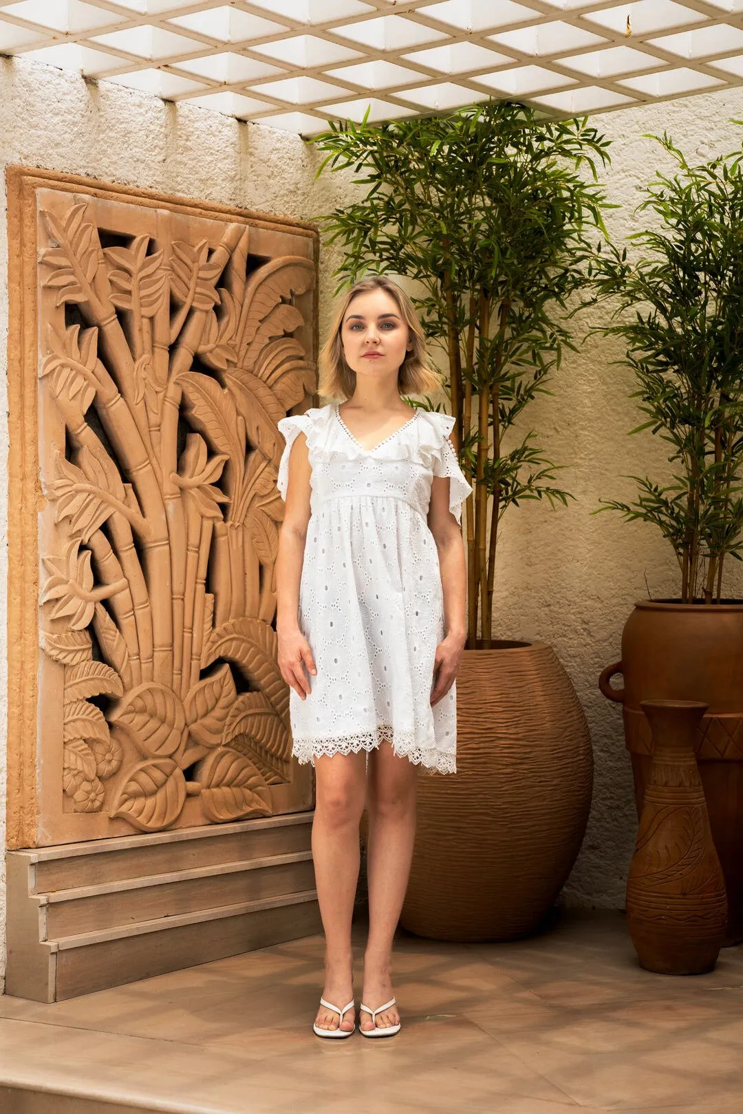 TIE-DETAIL RUFFLE DRESS