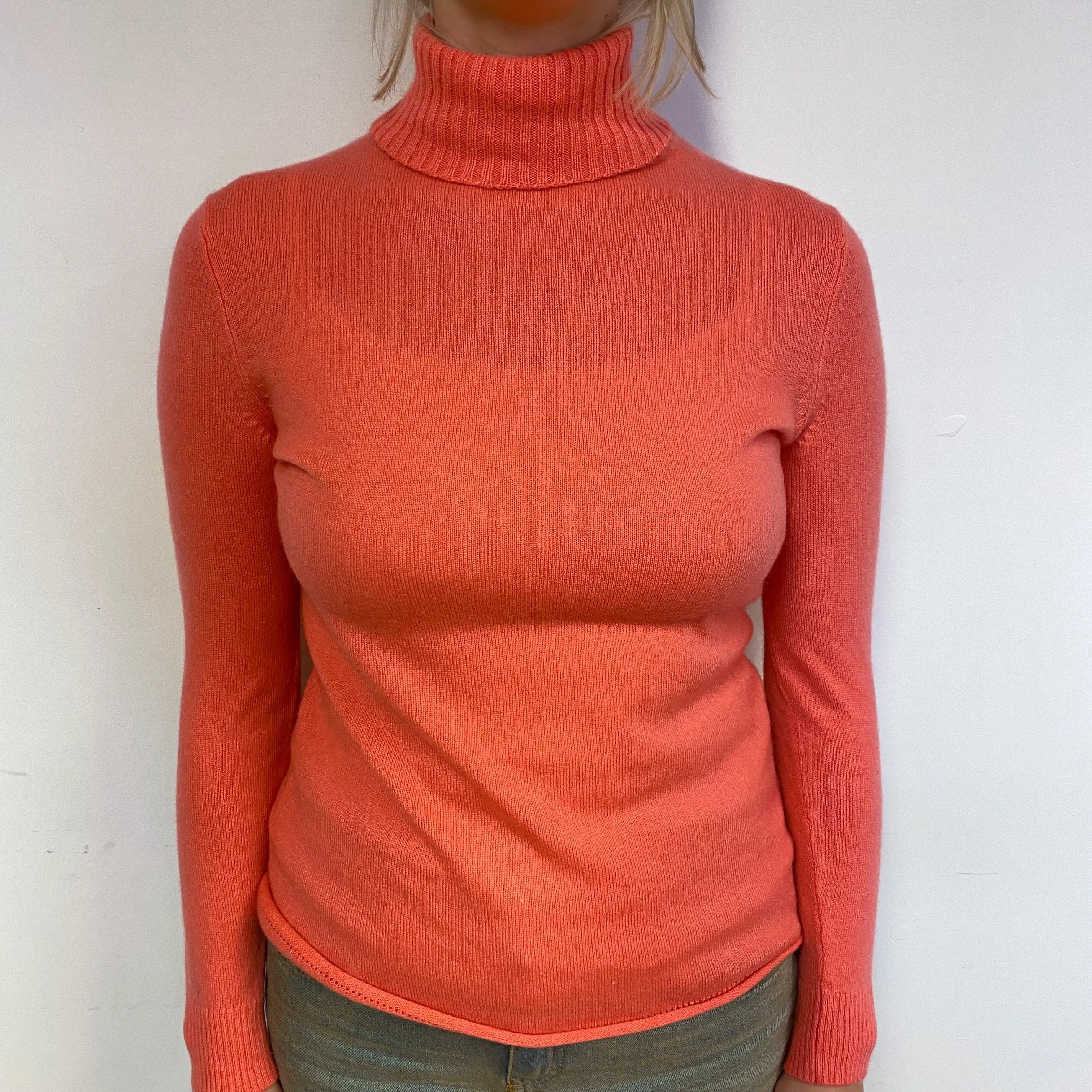 Vibrant Coral Pink Cashmere Polo Neck Jumper Small