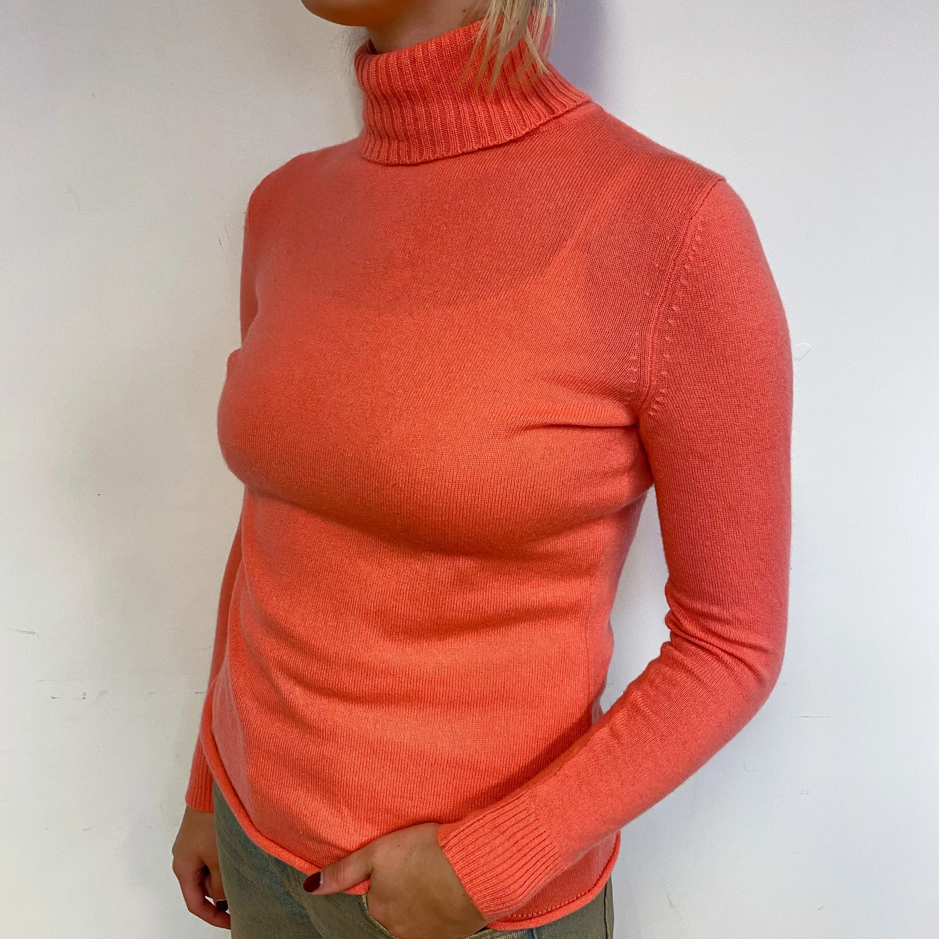 Vibrant Coral Pink Cashmere Polo Neck Jumper Small