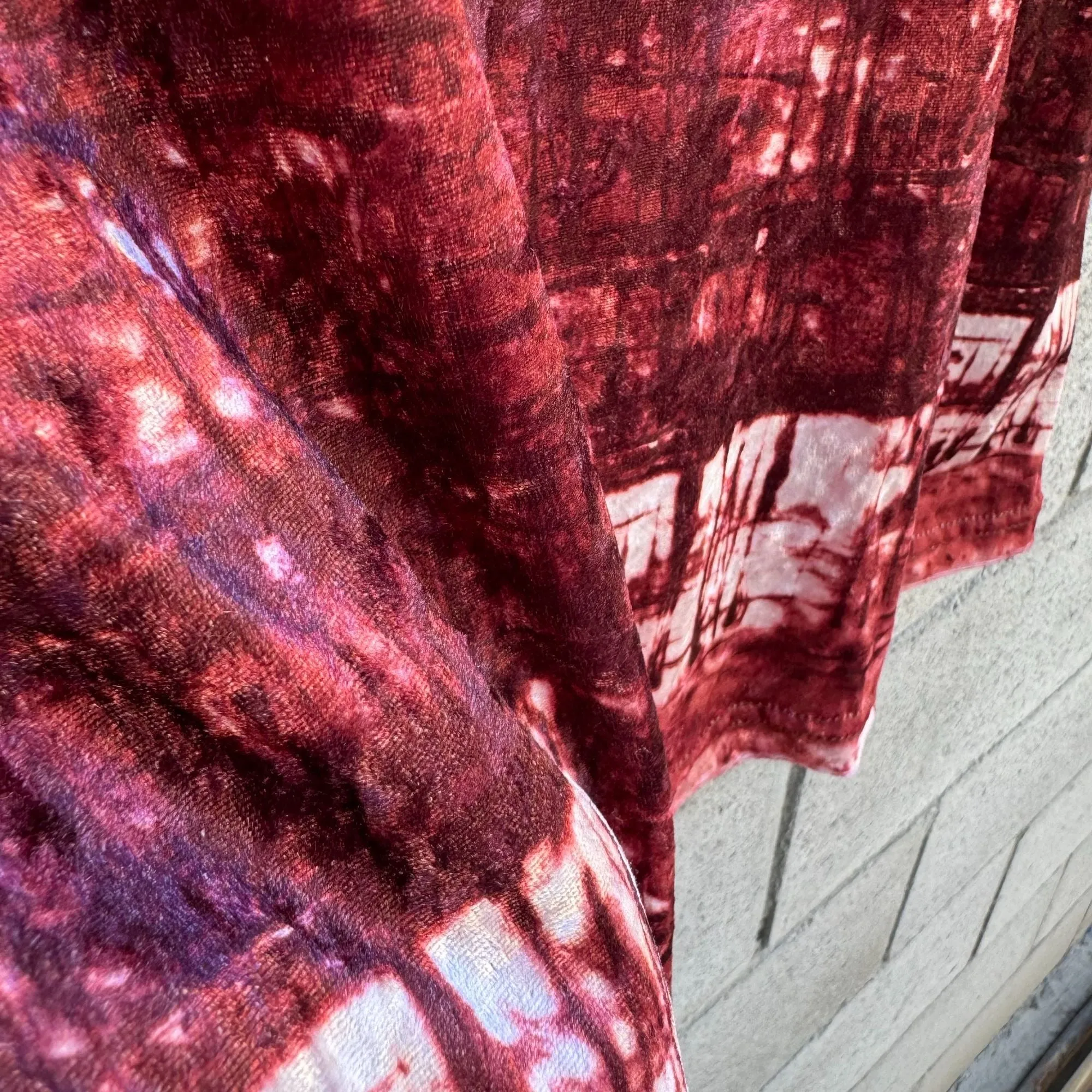 Vintage Womens Velvet Retro Red Pink Tie-Dye Long Sleeve Shirt Blouse Top OS