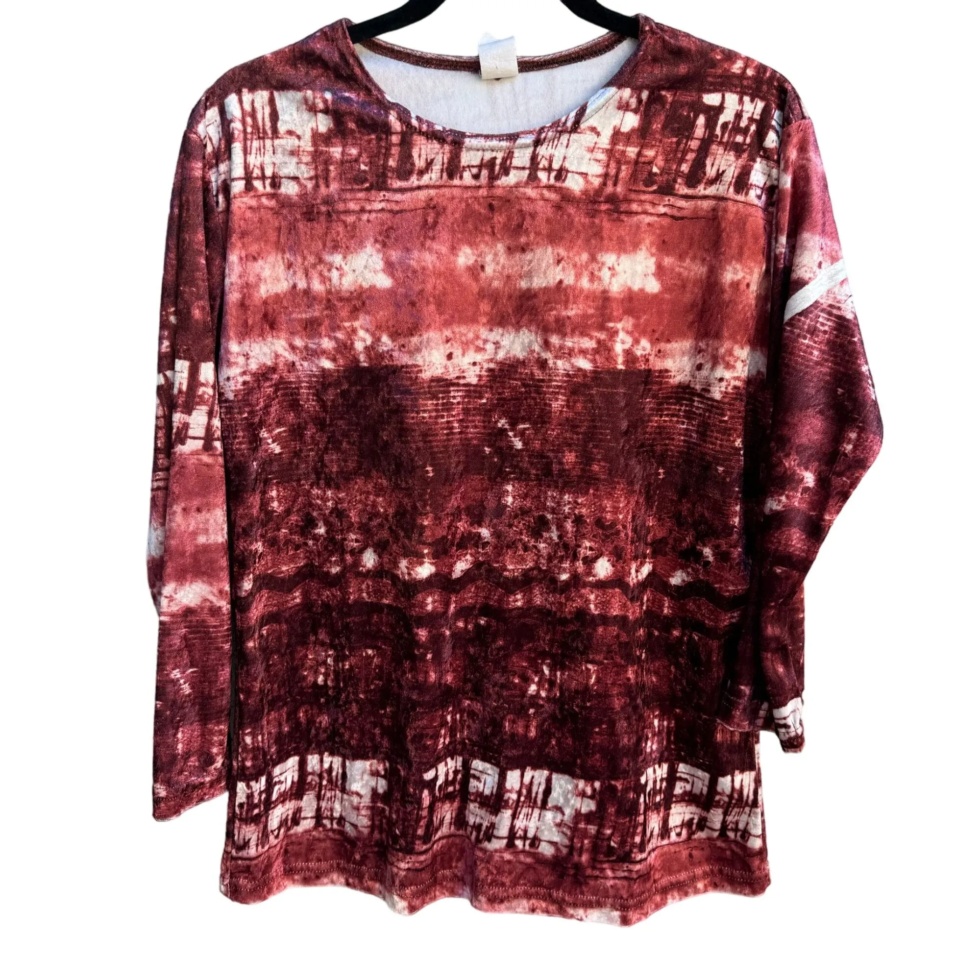 Vintage Womens Velvet Retro Red Pink Tie-Dye Long Sleeve Shirt Blouse Top OS