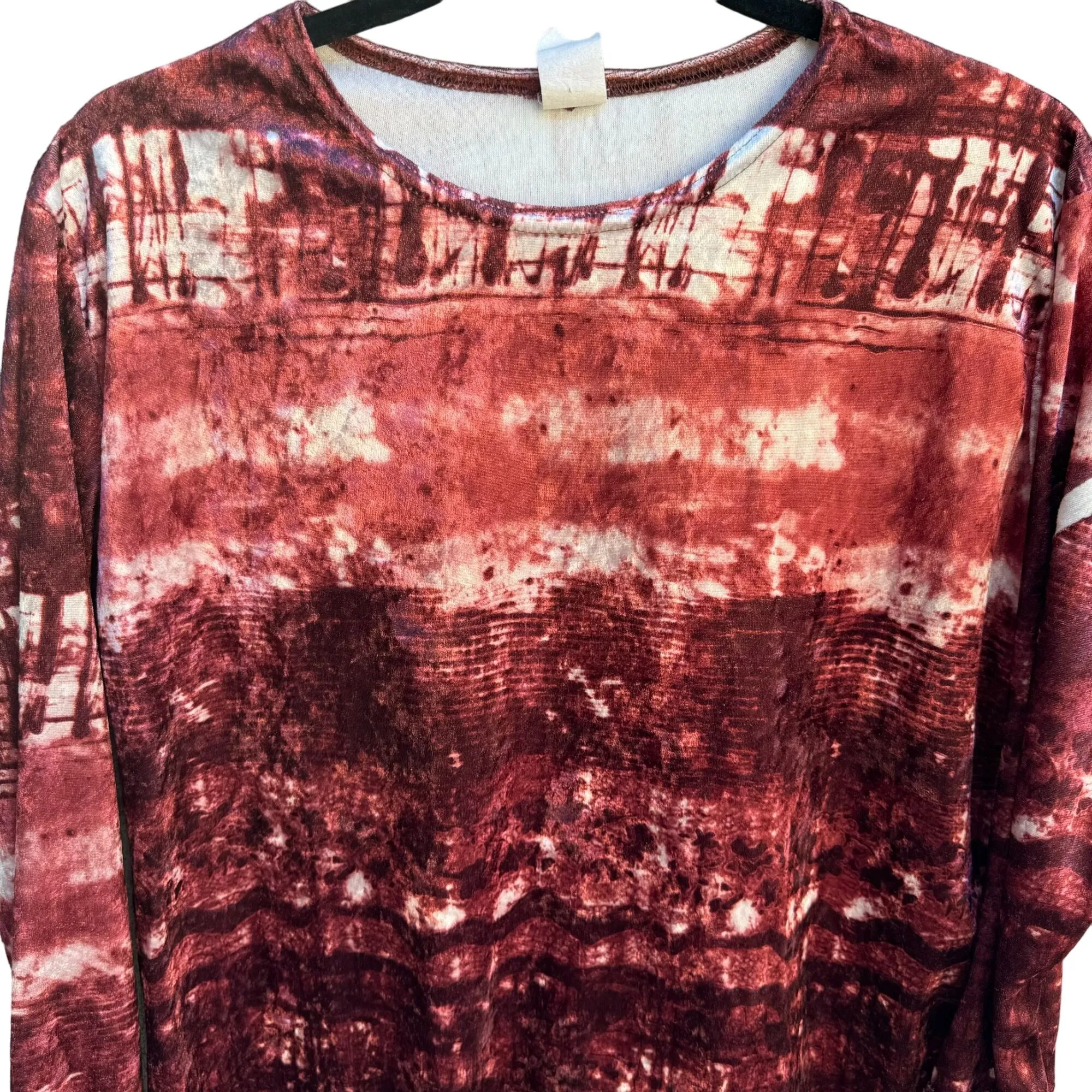 Vintage Womens Velvet Retro Red Pink Tie-Dye Long Sleeve Shirt Blouse Top OS