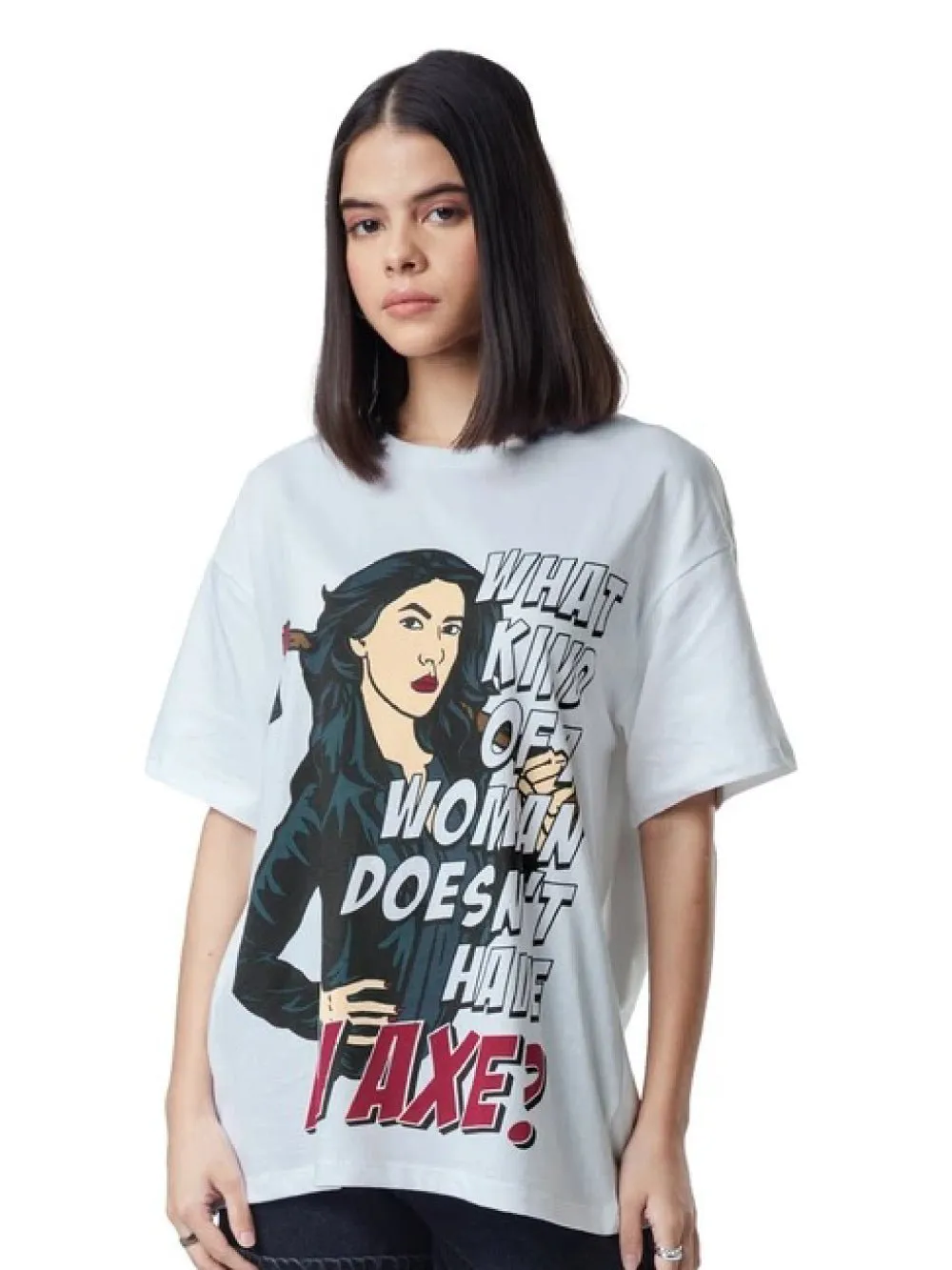 WHAT KIND OF A WOMAN DOSEN'T HAVE AN AXE Graphic Printed Womens Drop Shoulder T-shirt Legacy Boutiques Bangladesh