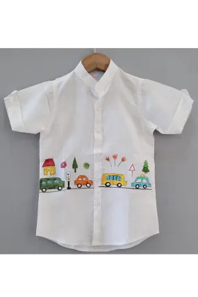 White Cars Handpainted Linen Shirt