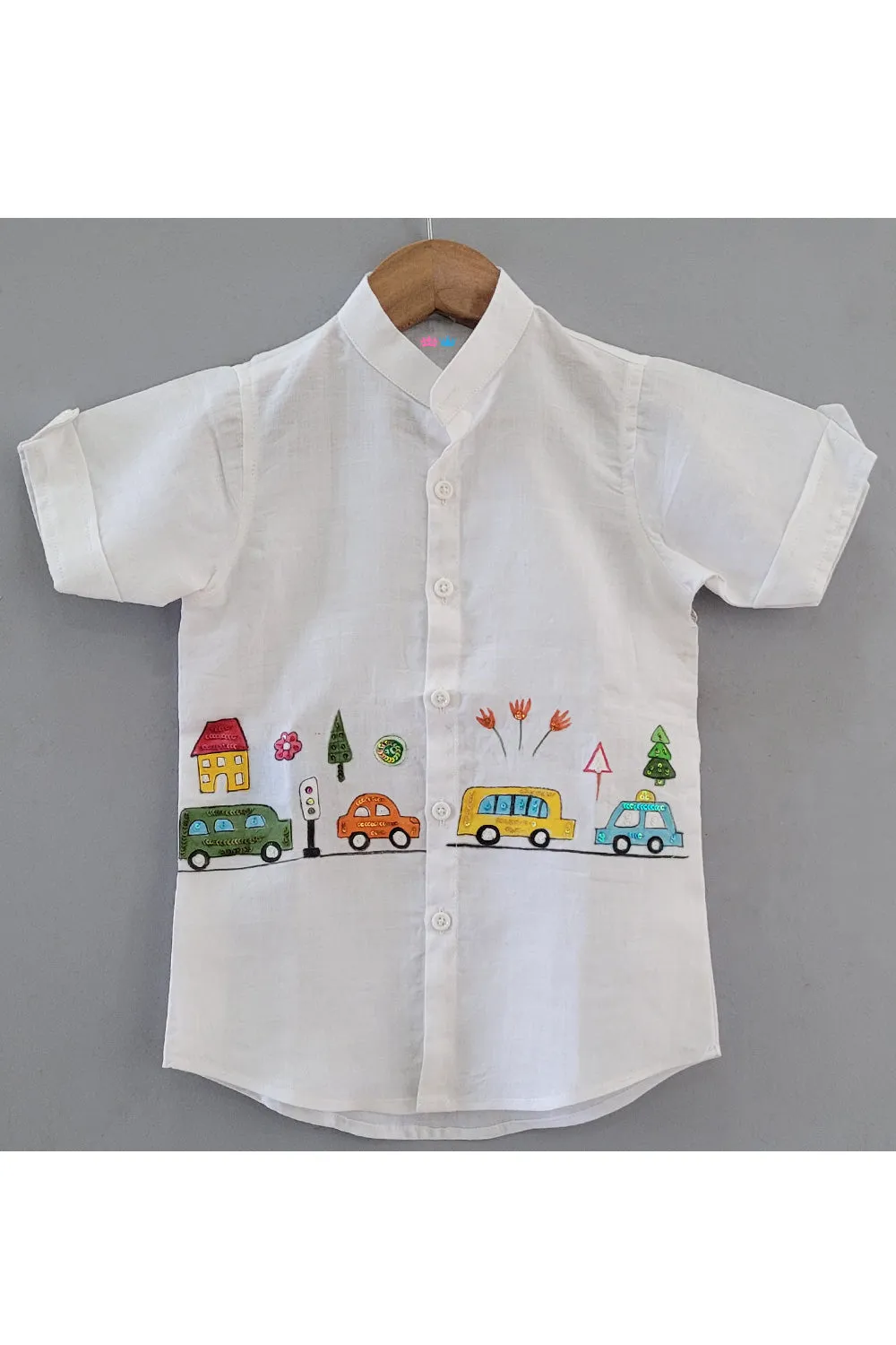 White Cars Handpainted Linen Shirt