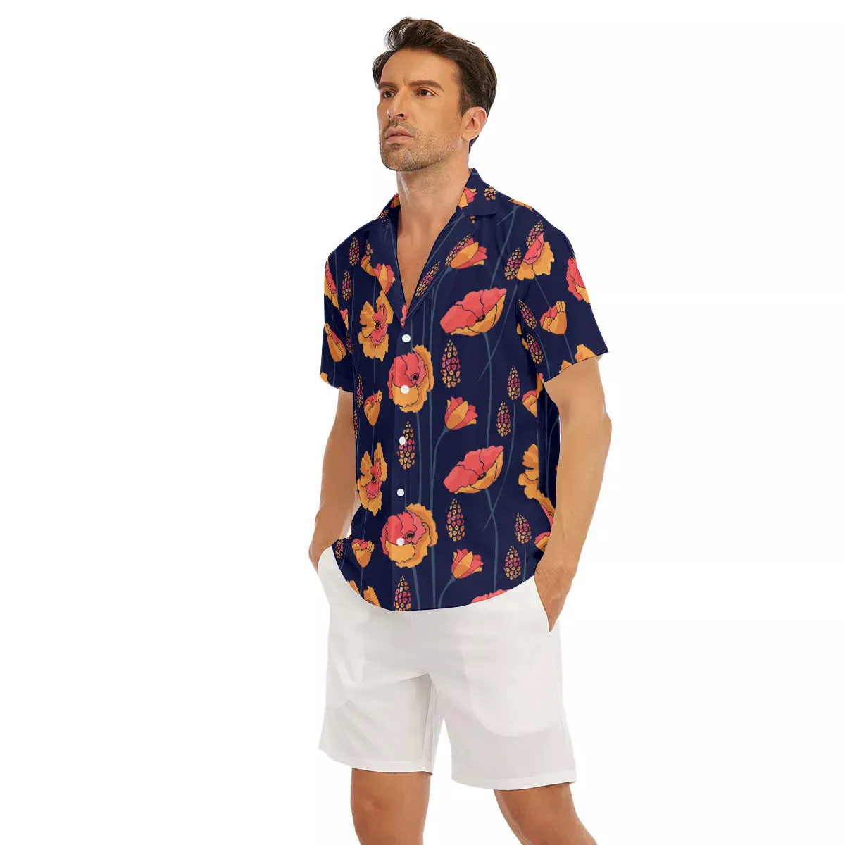 Wild Orange Vines V-neck Short Sleeve Shirt in Navy