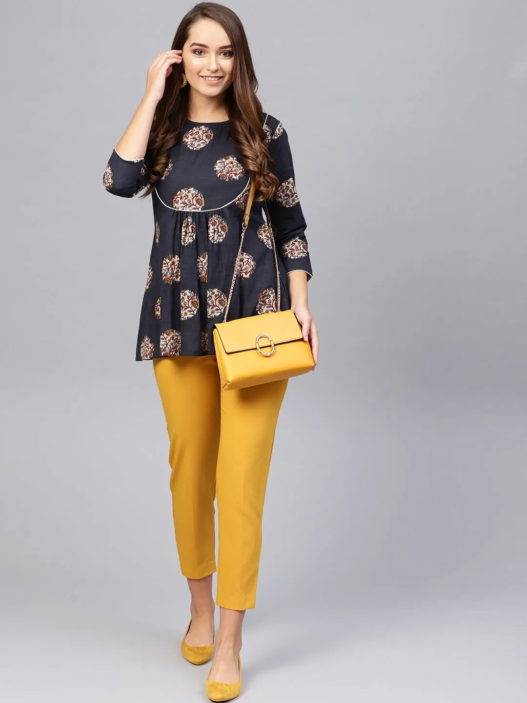 Women Navy Blue & Grey Printed Tunic