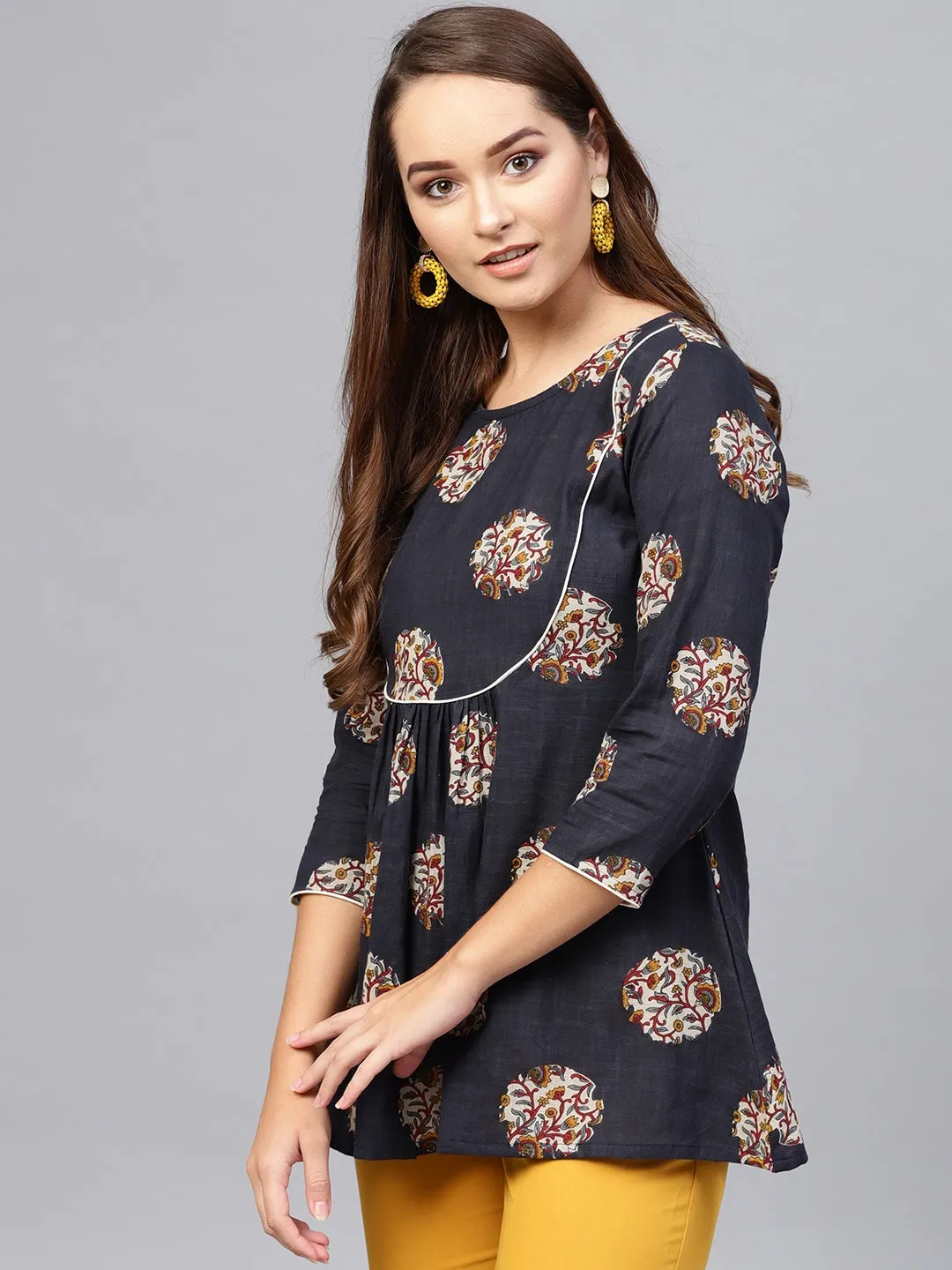 Women Navy Blue & Grey Printed Tunic