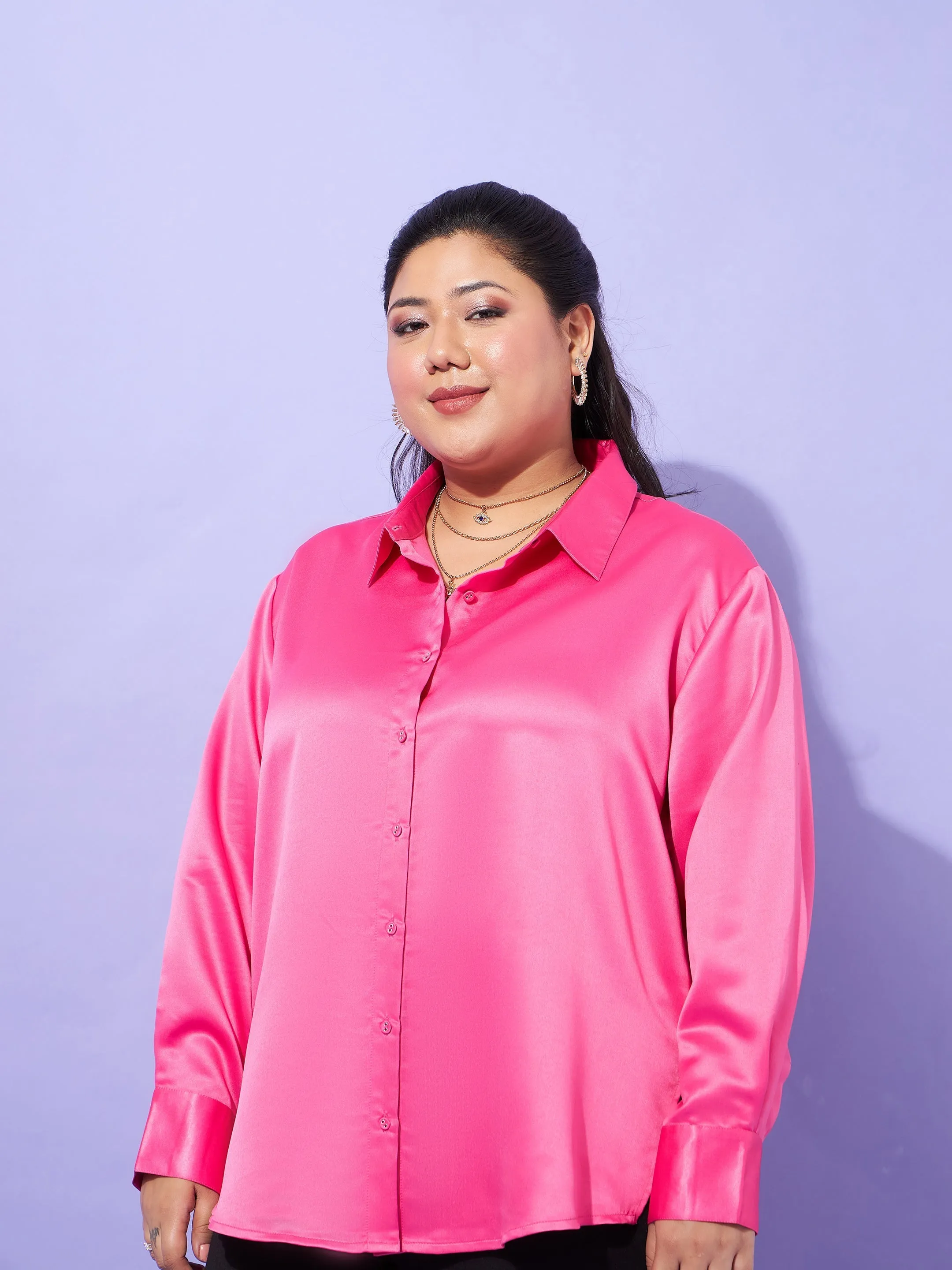 Women Pink Regular Satin Shirt