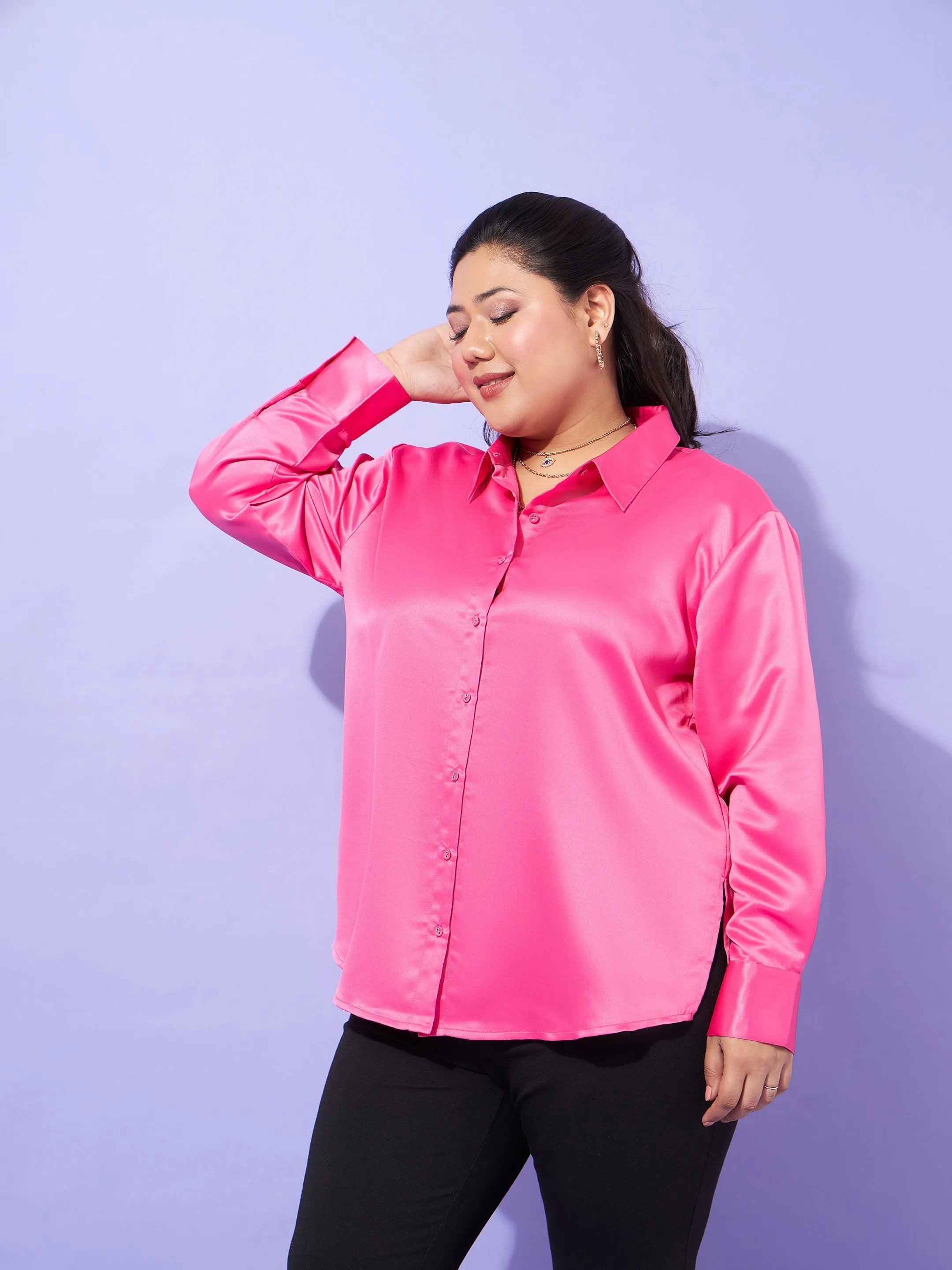 Women Pink Regular Satin Shirt