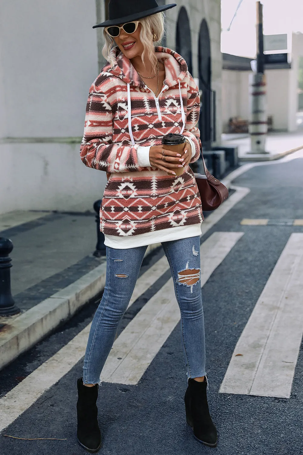 Women Pullover Hooded Fleece Long Sleeve Loose Christmas Pattern Print Zipper Sweatshirt
