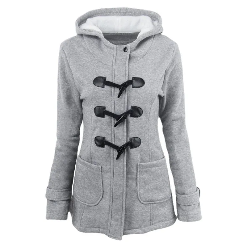 Women's plus size cotton-padded  middle and long hooded blended horn leather buckle outwear