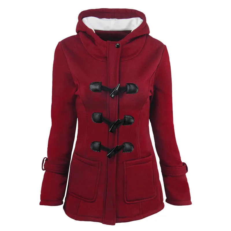 Women's plus size cotton-padded  middle and long hooded blended horn leather buckle outwear