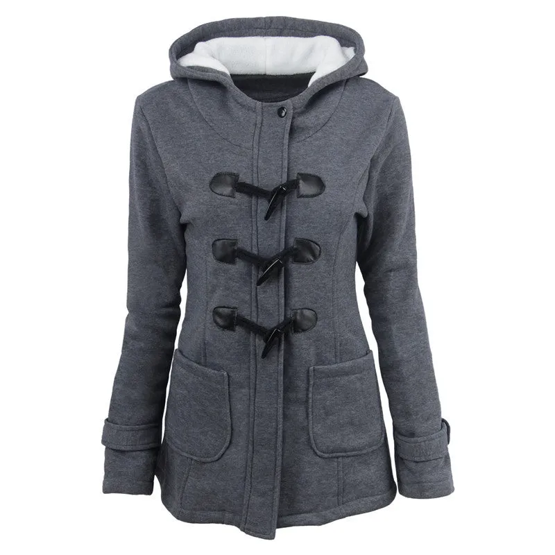 Women's plus size cotton-padded  middle and long hooded blended horn leather buckle outwear