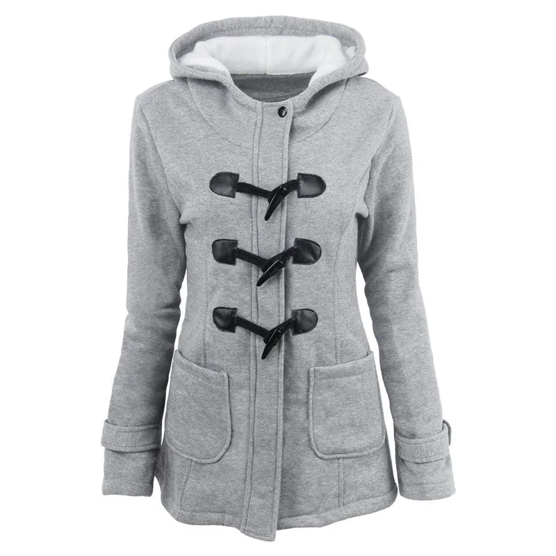 Women's plus size cotton-padded  middle and long hooded blended horn leather buckle outwear
