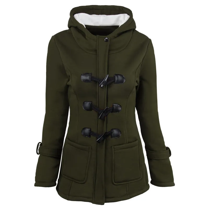 Women's plus size cotton-padded  middle and long hooded blended horn leather buckle outwear