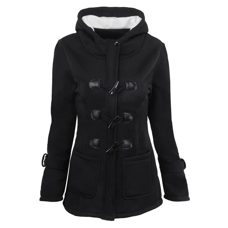 Women's plus size cotton-padded  middle and long hooded blended horn leather buckle outwear