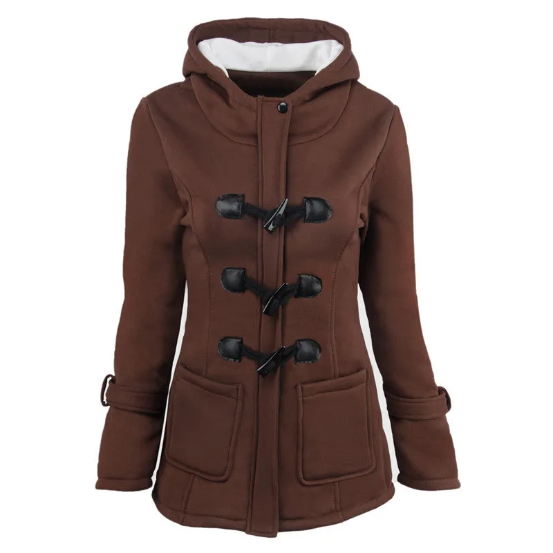 Women's plus size cotton-padded  middle and long hooded blended horn leather buckle outwear