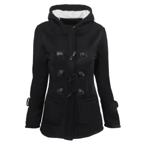 Women's plus size cotton-padded  middle and long hooded blended horn leather buckle outwear