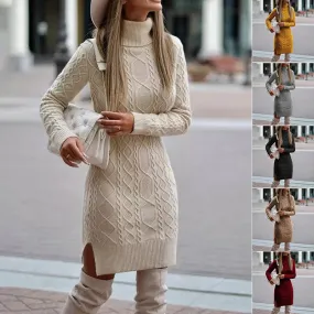 Women's Turtleneck Knitted Sweater Dress – Cozy Elegance with a Modern Slit Design