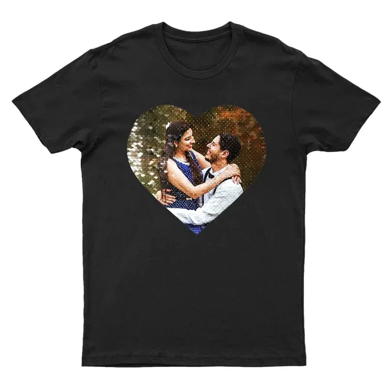 #XS-4XL-Custom Photo DIY Heart Flip Sequin Tee Unisex Cotton T-shirt  For Men and Women